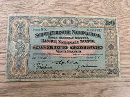 Banknote Schweizerische Nationalbank 1927 20 Schweizer Frank