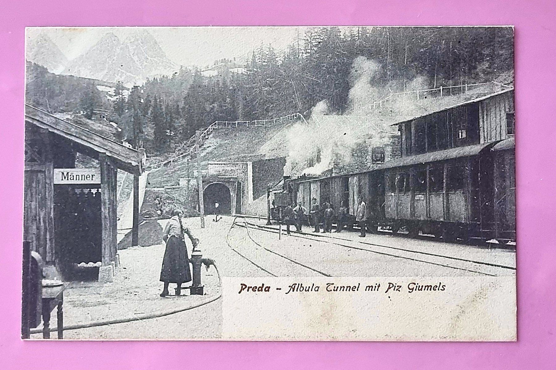 Cartoline postali: Preda - Bahnhof - Albula Tunnel - RhB Dampfzug -Bahnpersonal – Usato da Rothrist venduto da RROENK