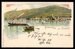 Lithographie Vevey, Vue du lac et de la promenade, voiliers 