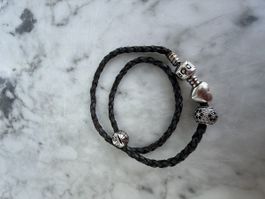 Bracelet cuir double Pandora, 3 charms argent 925