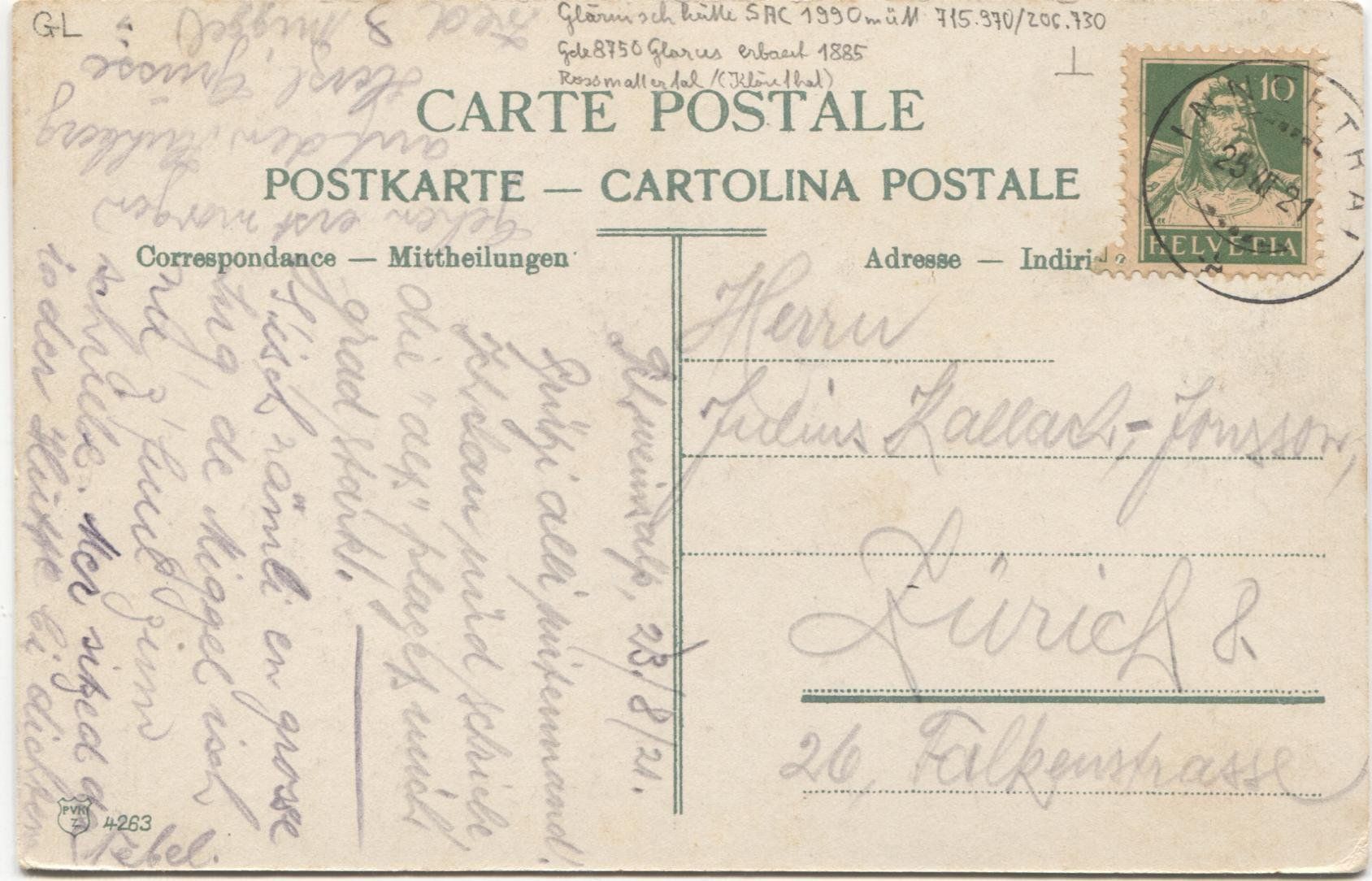 Cartoline postali: SAC-HUETTE Glärnisch GL 1921 – Usato da Rothrist venduto da Clanx 1