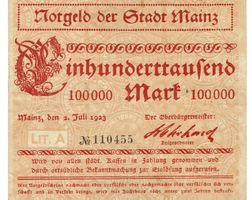 Mainz 100000 Mark 02.07.1923 Prägestempel SS++-VZ