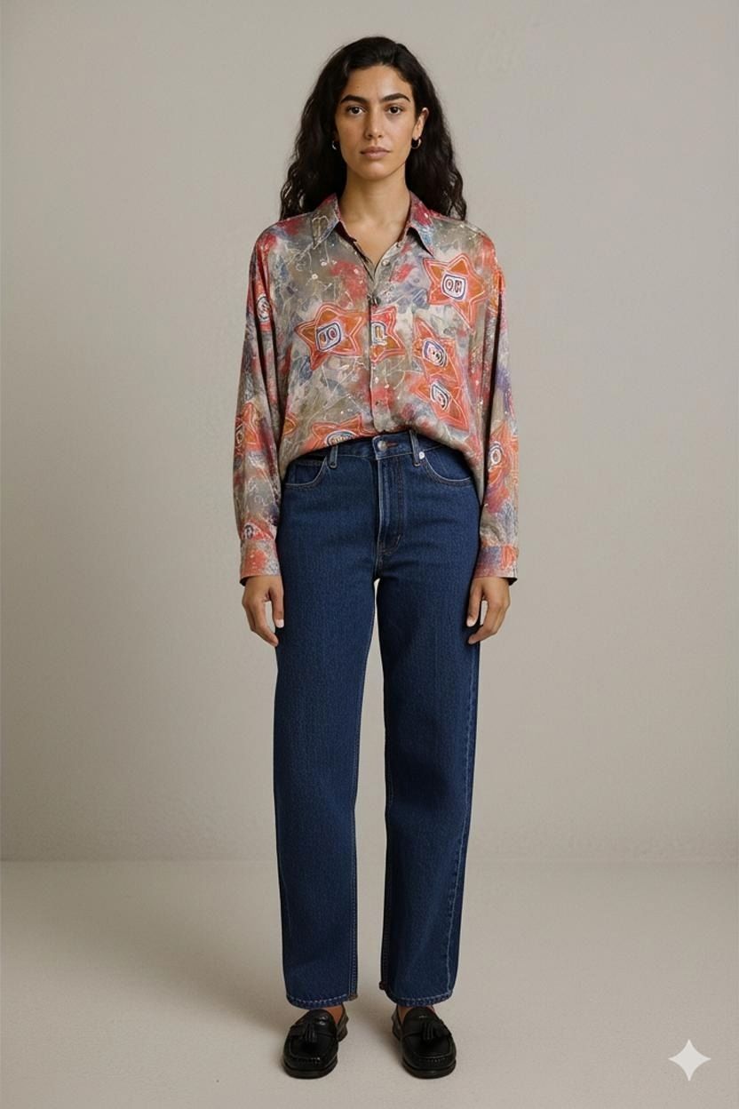 Camicette: Vintage Button-Down-Hemd mit Sternmuster und Nummer-8-Design – Usato da Zug venduto da vinokilo
