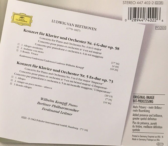 CD: Beethoven - Klavierkonzerte Nr. 4 & 5 (Kempff) – Usato da Grüningen venduto da azulblanco 1