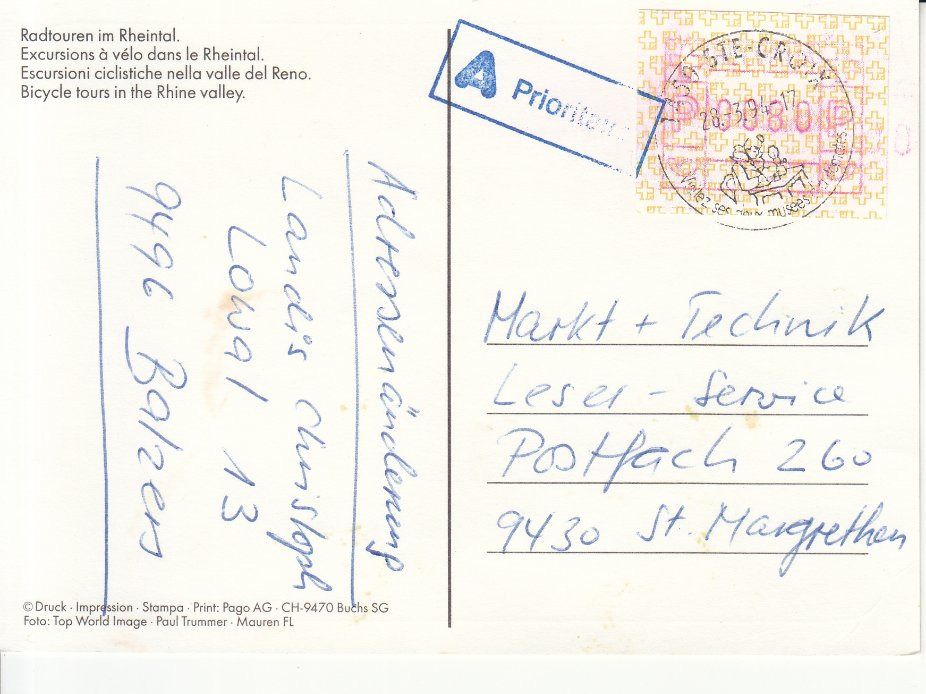 Ansichtskarten: Rheintal Radtour,  ablösbar, 1994 – Gebraucht aus Bürglen TG von StampGraf 1