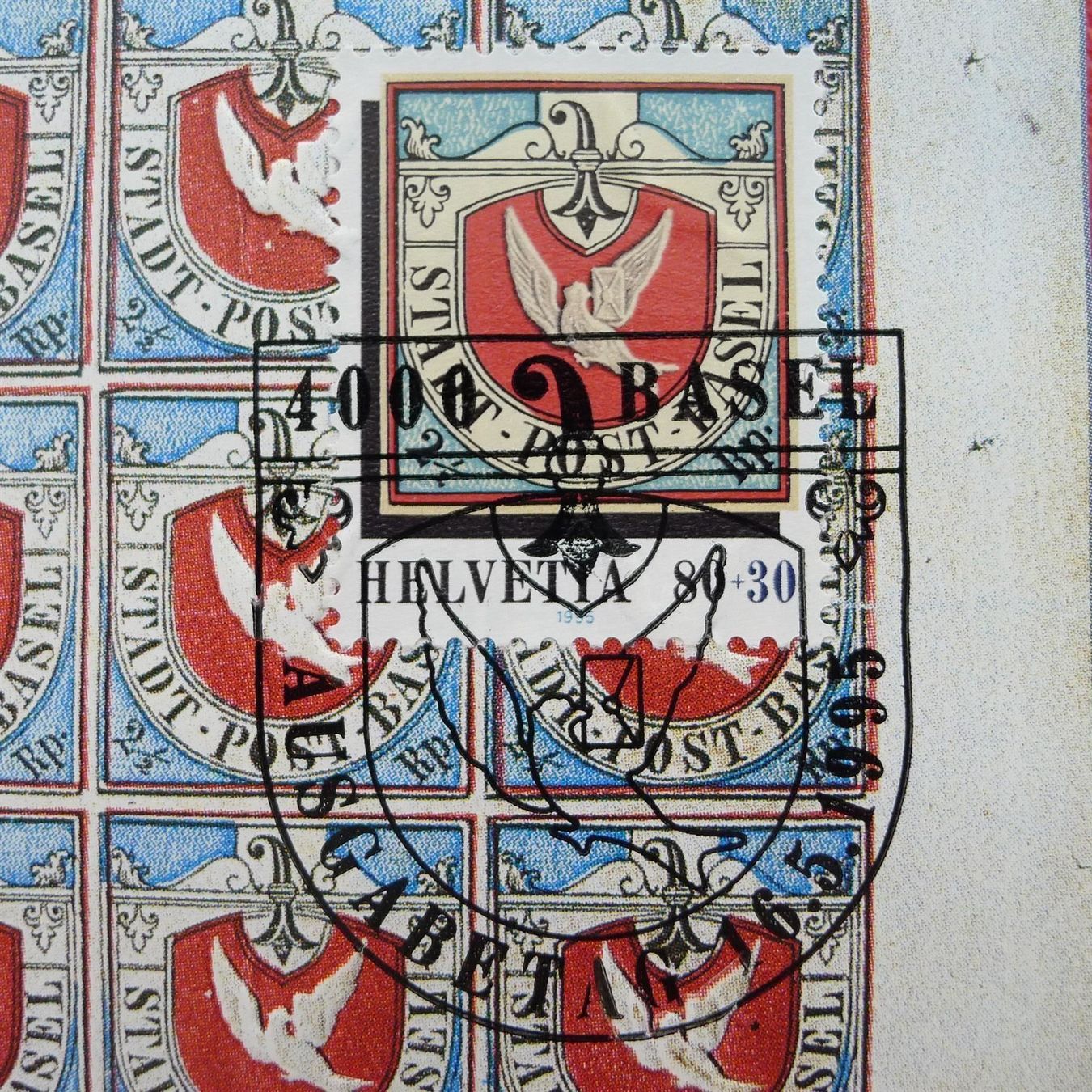 Alle Briefmarken: 1995: W75 Baslertaube 15er-Block mit Blockausschnitt, sauber – Gebraucht aus Sursee von Luzernerraute 1