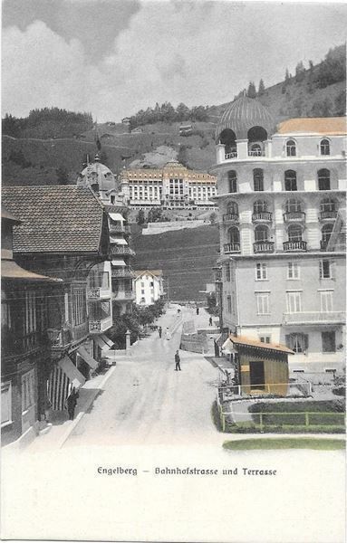 Cartoline postali: Engelberg Bahnhofstrasse und Terrasse – Usato da Olten venduto da clotaldi