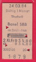 KARTON BILLETT, THALWIL - BASEL SBB, 2.KLASSE, RETOUR