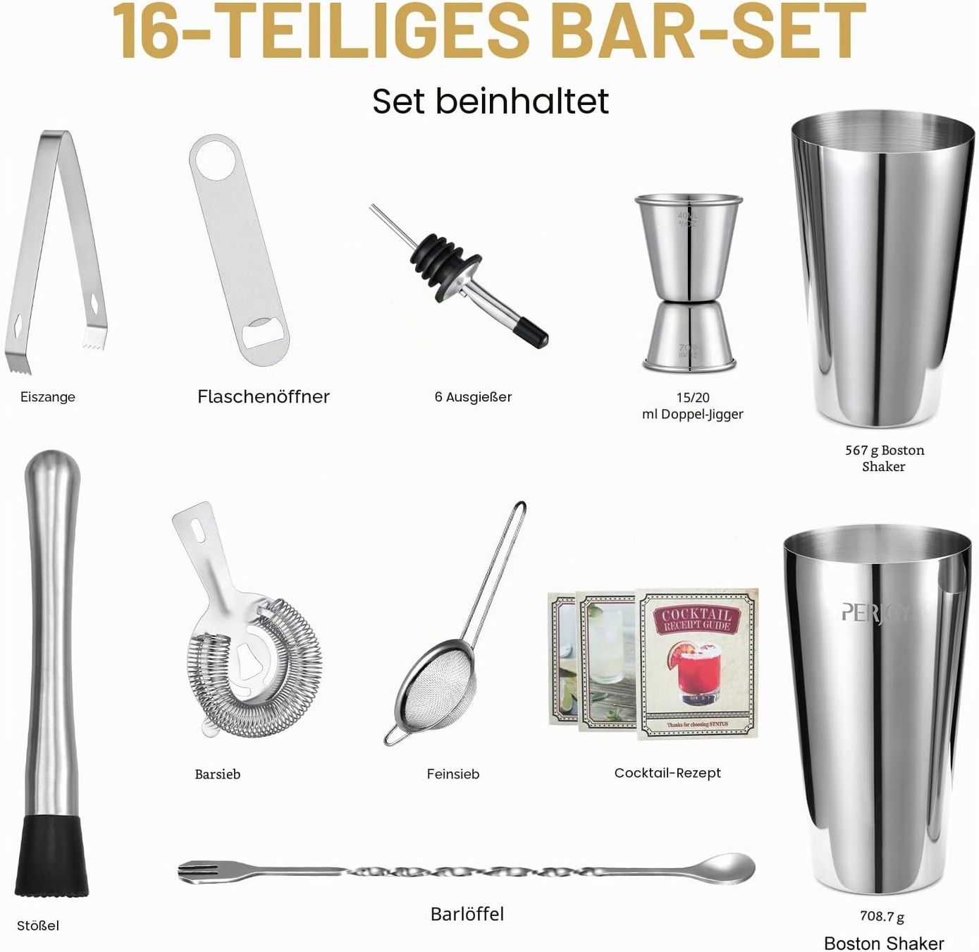 Elettrodomestici da cucina: Cocktail Shaker Set 16-teilig mit Boston Shaker und Jigger – Nuovo e nell'imballaggio originale da Schaffhausen venduto da her_zt65 4