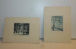 Lithografie antike 2 kleine hansignierte Winterzauber Litho