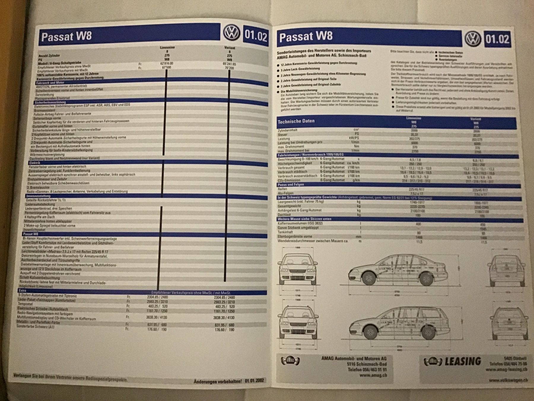 VW Documenti: VW Passat W 8 Preisliste 4 Seiten Januar 2002 – Usato da Scherzingen venduto da Starseller62 1