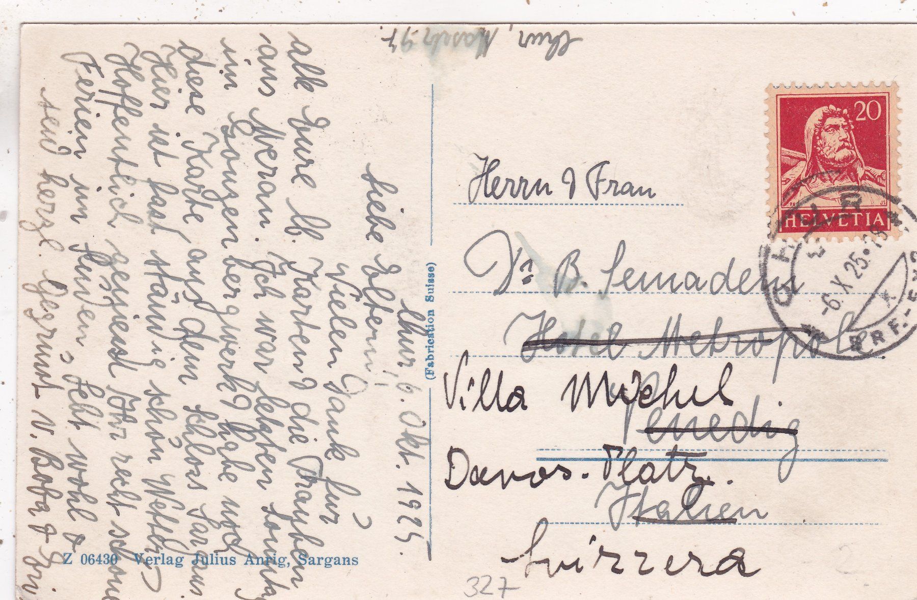 Cartoline postali: Sargans Schloss Zimmer der Gräfin Agnes 1925 – Usato da Herisau venduto da Lisegrat2008 1