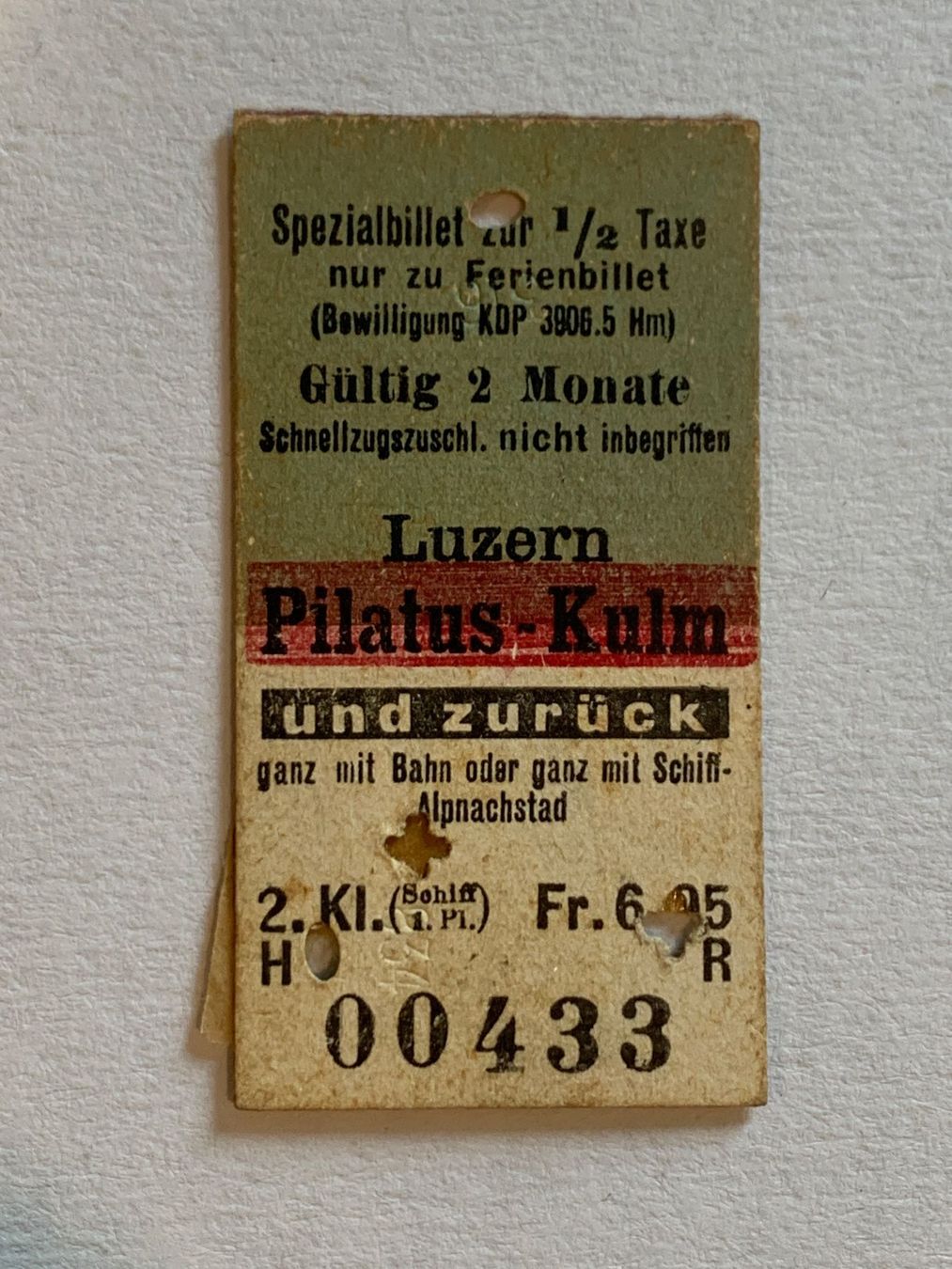 Tickets: SBB Pilatusbahn Edmondson Karton Billett ca.1946 – Gebraucht aus Riehen von Boeri555