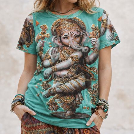 T-Shirt Ganesh Gr. M 100% Baumwolle Hippie Goa Indien Grün