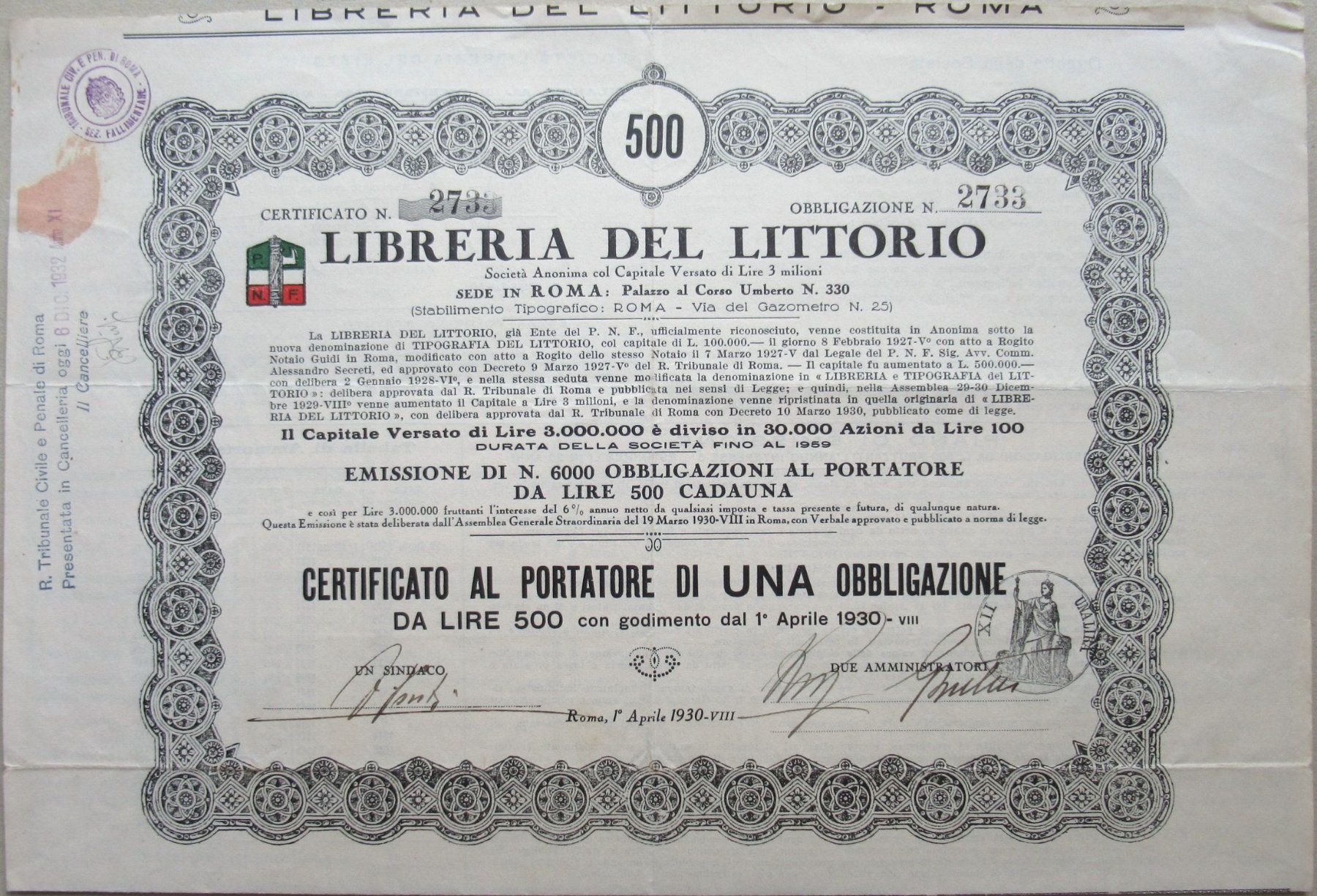 Documenti: original LIBRERIA DEL LITTORIO 1930 Roma – Usato da Lohn-Ammannsegg venduto da rrrikko 1