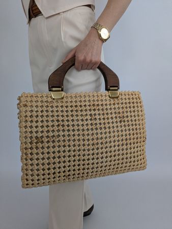Vintage Handtasche mit Holzgriff, beige, Sommer,