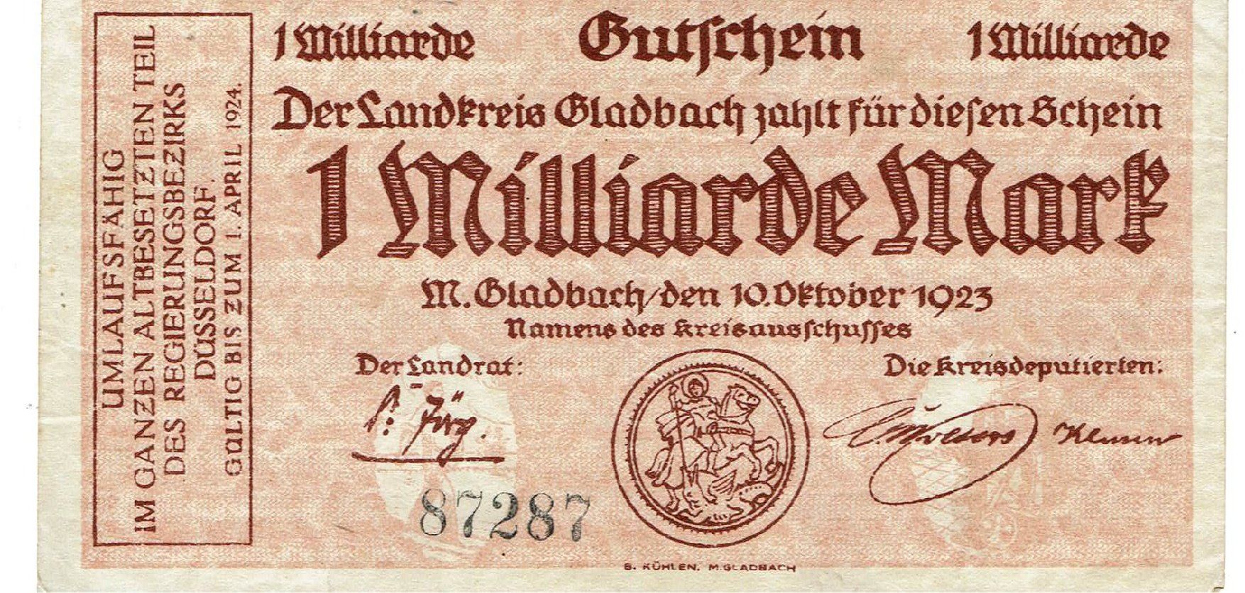 Banconote: M.Gladbach 1 Mrd.Mark 10.10.1923 VZ-VZ+ – Usato da Steffisburg venduto da ber_8htf