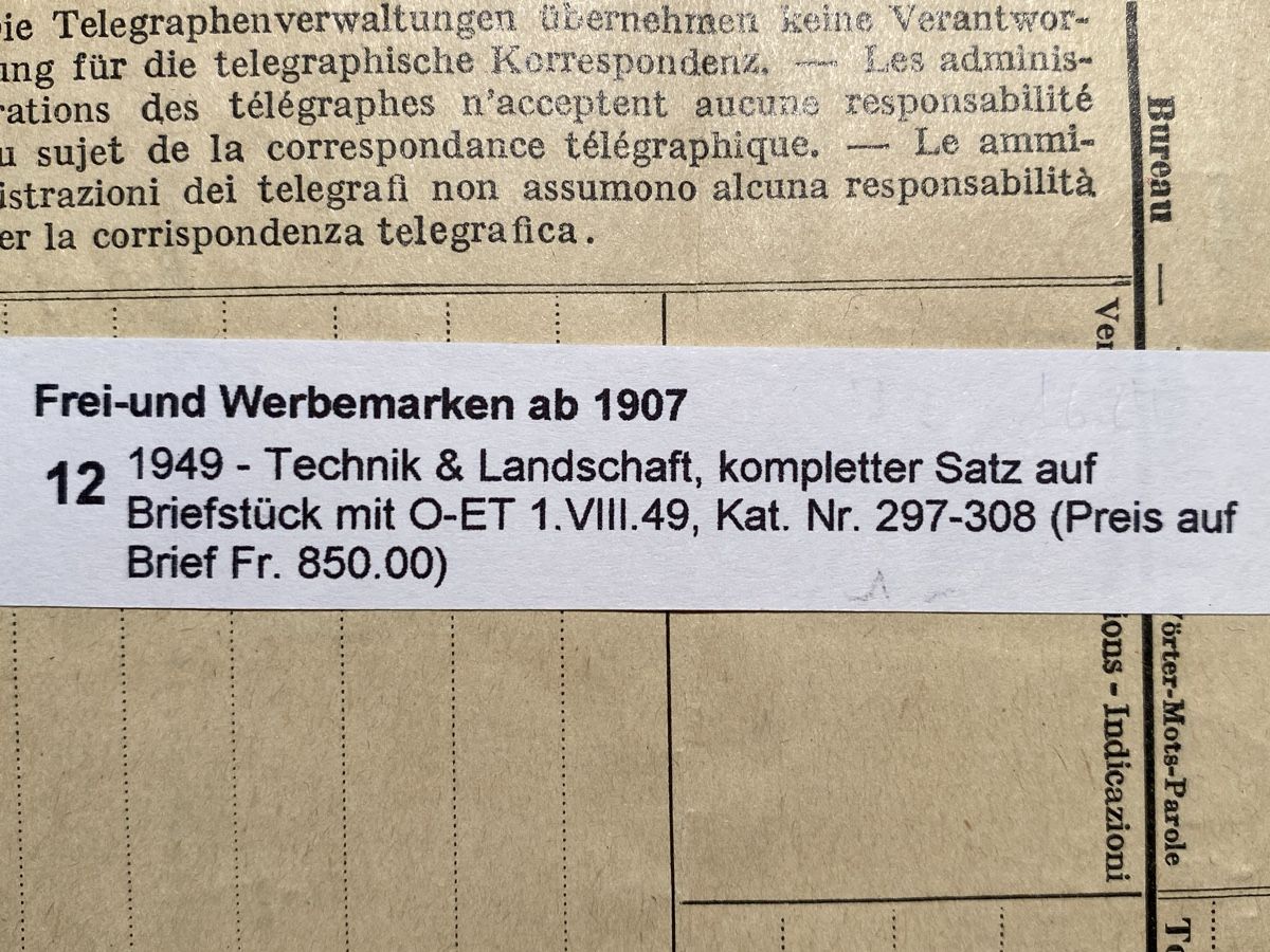 Tutti i francobolli: Landschaft und Technik 1949, komp. Satz, gest. Oberägeri Zug – Usato da Küssnacht a. Rigi venduto da Unique-Valuable 2