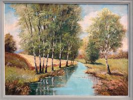 74 cm breit x 59hoch/ aT Walter /Ölgemälde - Birken am Bach