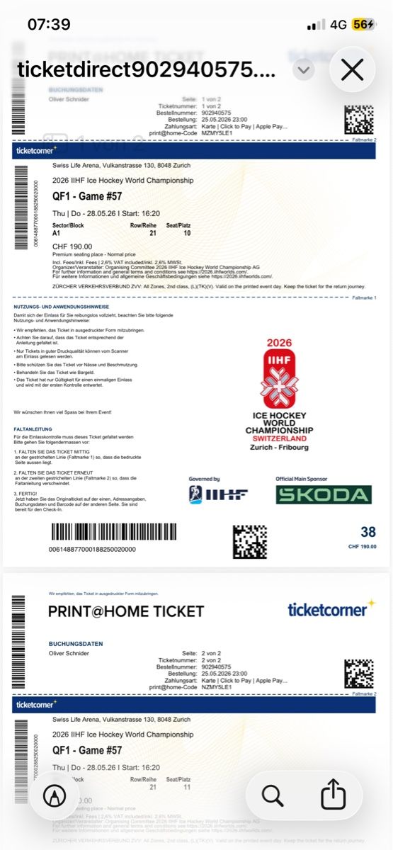 Biglietti: Ticket Eishockey 1/4 Final  – Nuovo e nell'imballaggio originale da Birmensdorf ZH venduto da regina056