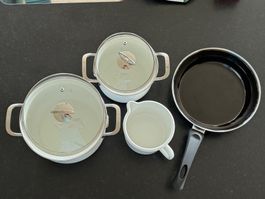Riess Pfannen Set emailliert weiss 4-teilig NEUWERTIG