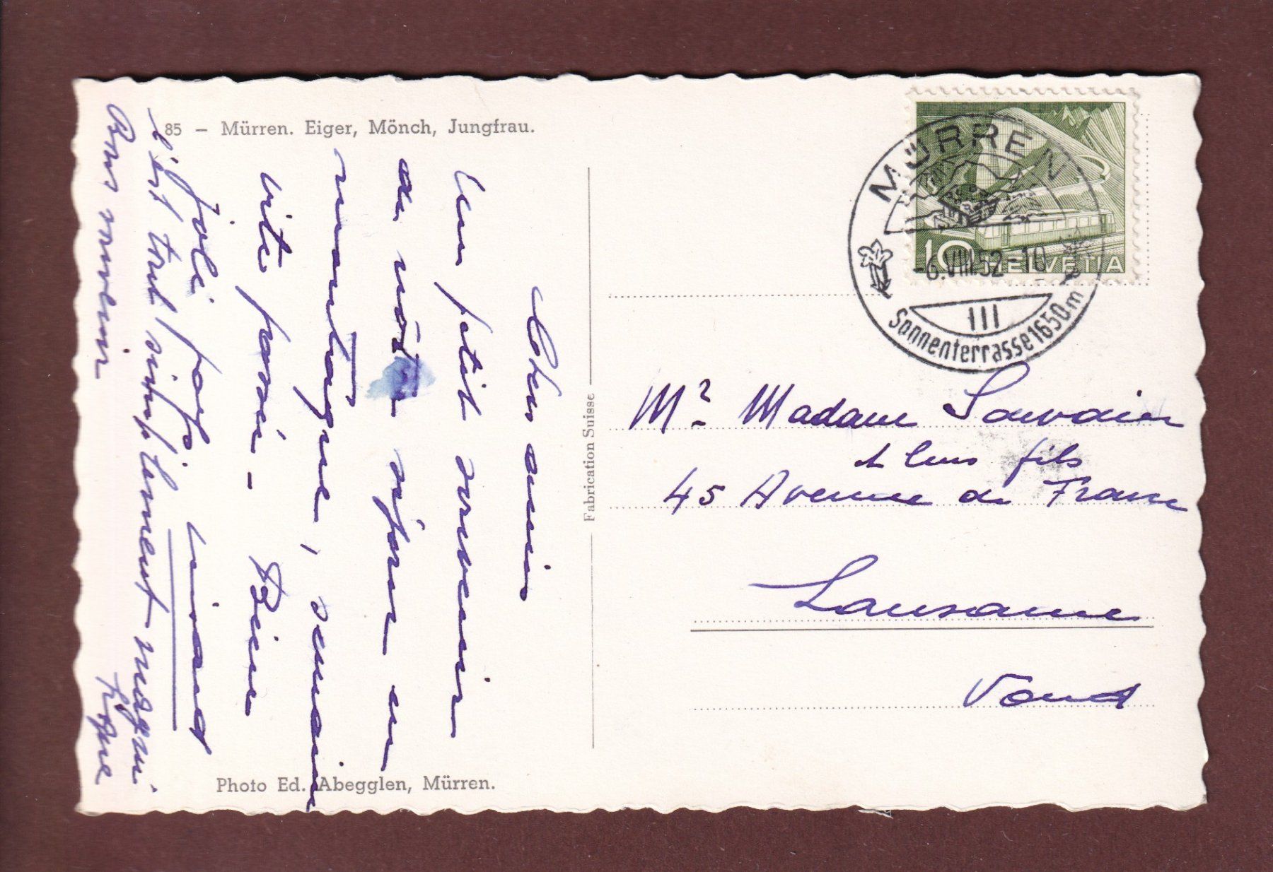 Cartoline postali: MÜRREN - 1952 – Usato da Pully venduto da nicecards 1