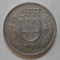 006 CH, 5 FRANKEN 1952 B, seltenes Jahr, SILBER, ss