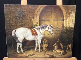 Ölgemälde auf Leinwand, Pferd mit Hunden