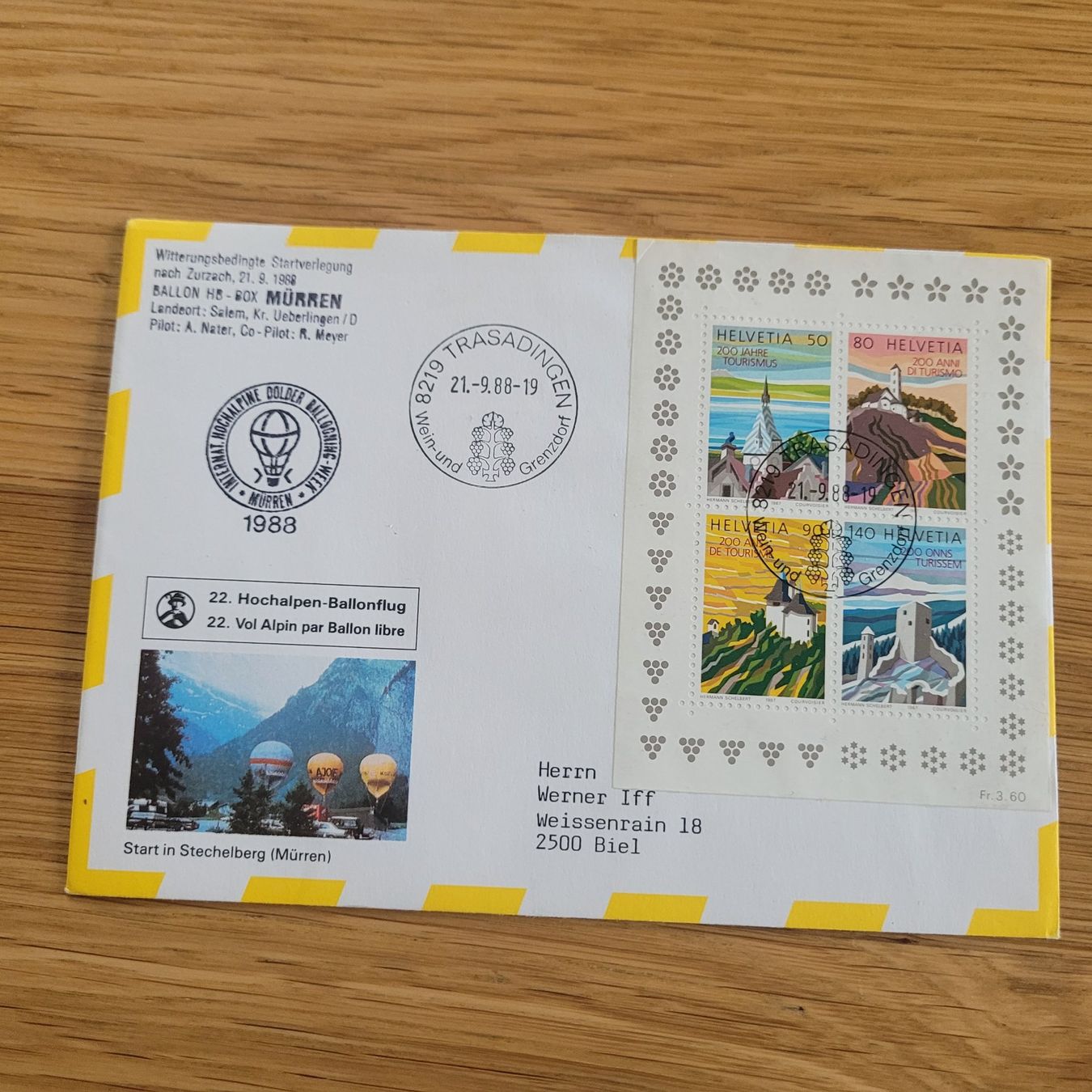 Alle Briefmarken: Luftpost Trasadingen Biel 1988 – Gebraucht aus Biel/Bienne von Destockweb