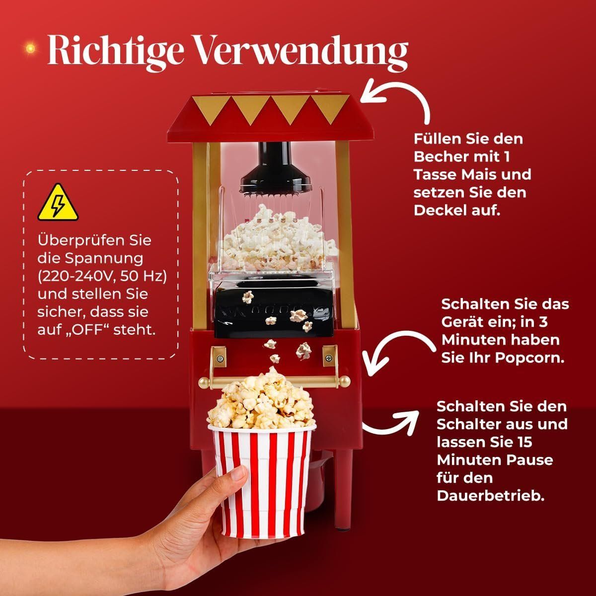 Küchengeräte: Popcornmaschine Heissluft Popcorn Maker Retro 1200W Rot – Neu und originalverpackt aus Wittenbach von VELARO 4