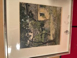 Gravure ancienne, motif campagnard, cadre élégant.