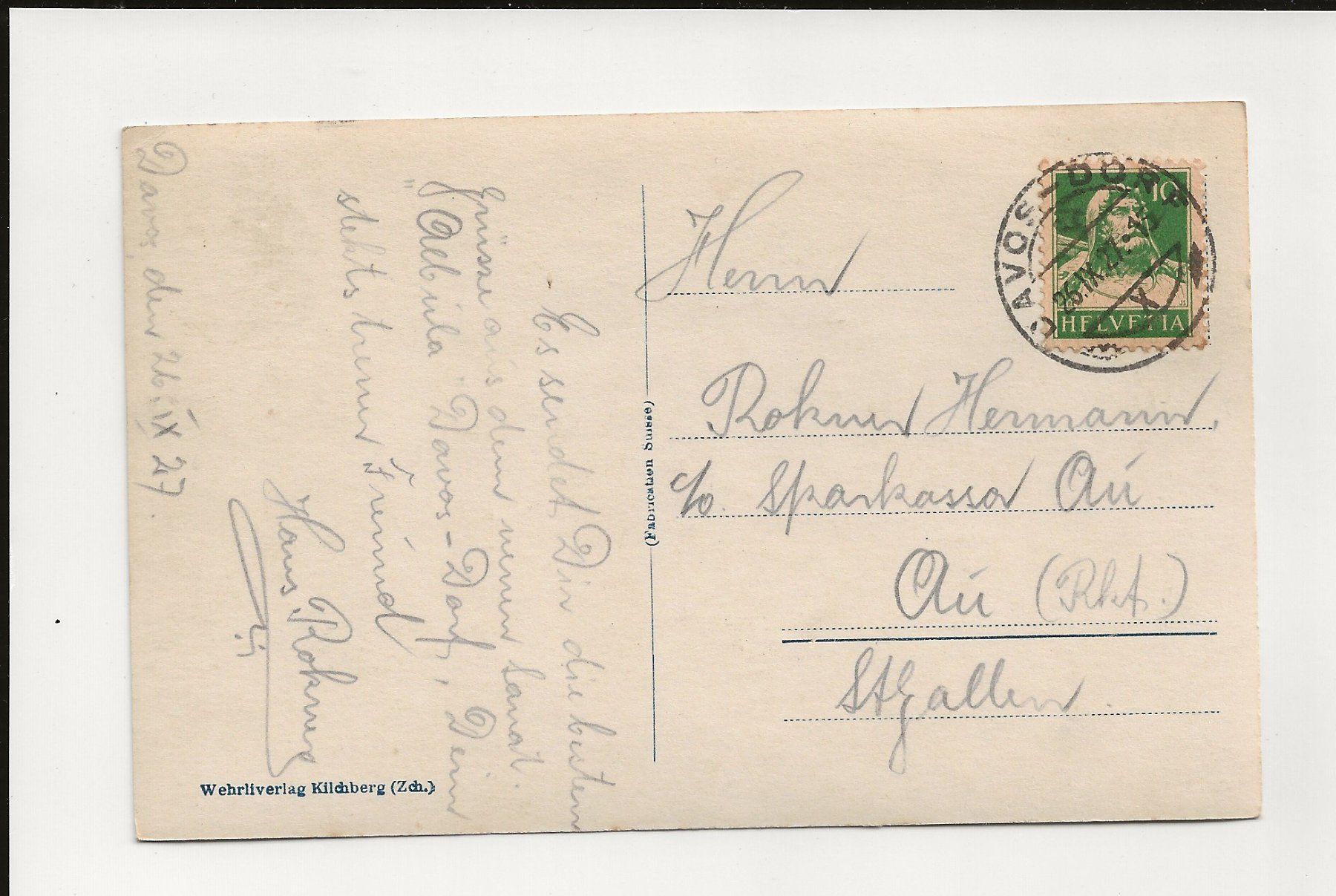 Cartoline postali: AK 1927 Davos gegen das Seehorn – Usato da Greifensee venduto da 315WDO 1