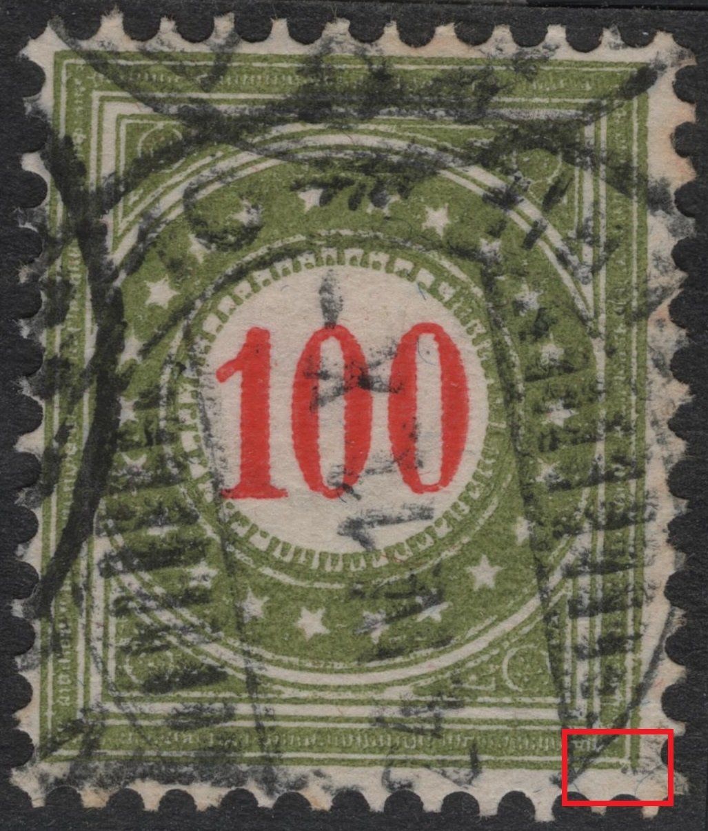 Alle Briefmarken: 100 Rp. Portomarke mit Plattenfehler – Gebraucht aus Eglisau von Chperfins