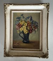 Kleines originales Blumenstillleben mit Rahmen – signiert
