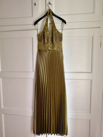 Elegant Gold Beaded Halter Dress, size 38