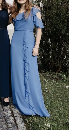 Abendkleid Gr. 34blau mit Rüschen lang sehr guter Zustand