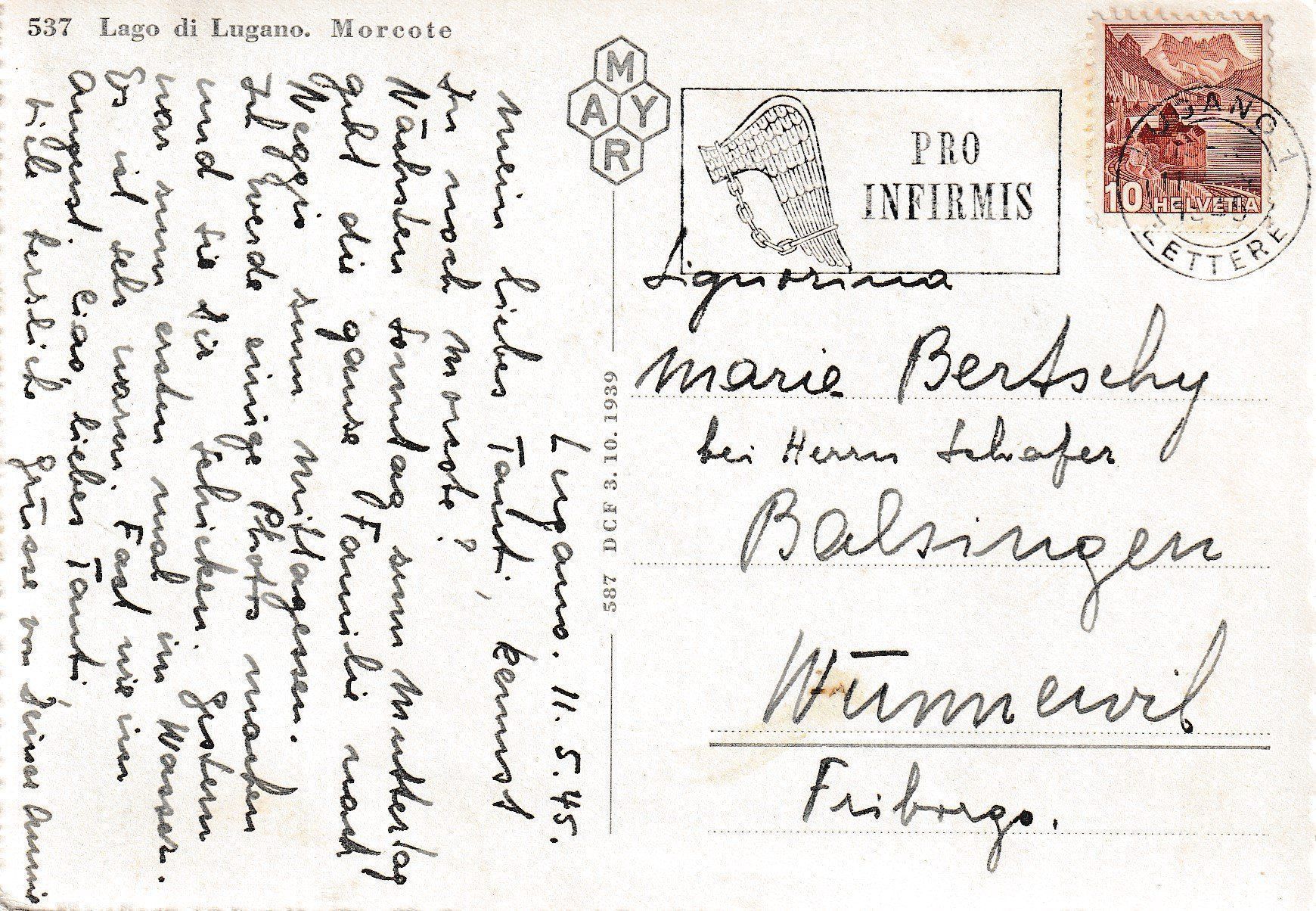 Cartoline postali: AK Morcote gel. 11.5.1945 – Usato da Fribourg venduto da schnalla92 1