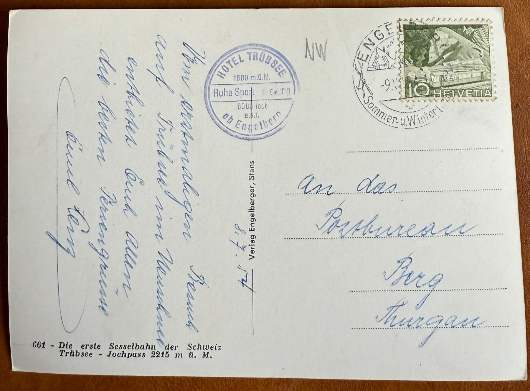 Cartoline postali: ENGELBERG - Trübsee - Jochpass - Sesselbahn 1954 – Usato da Lutry venduto da Ediego 1