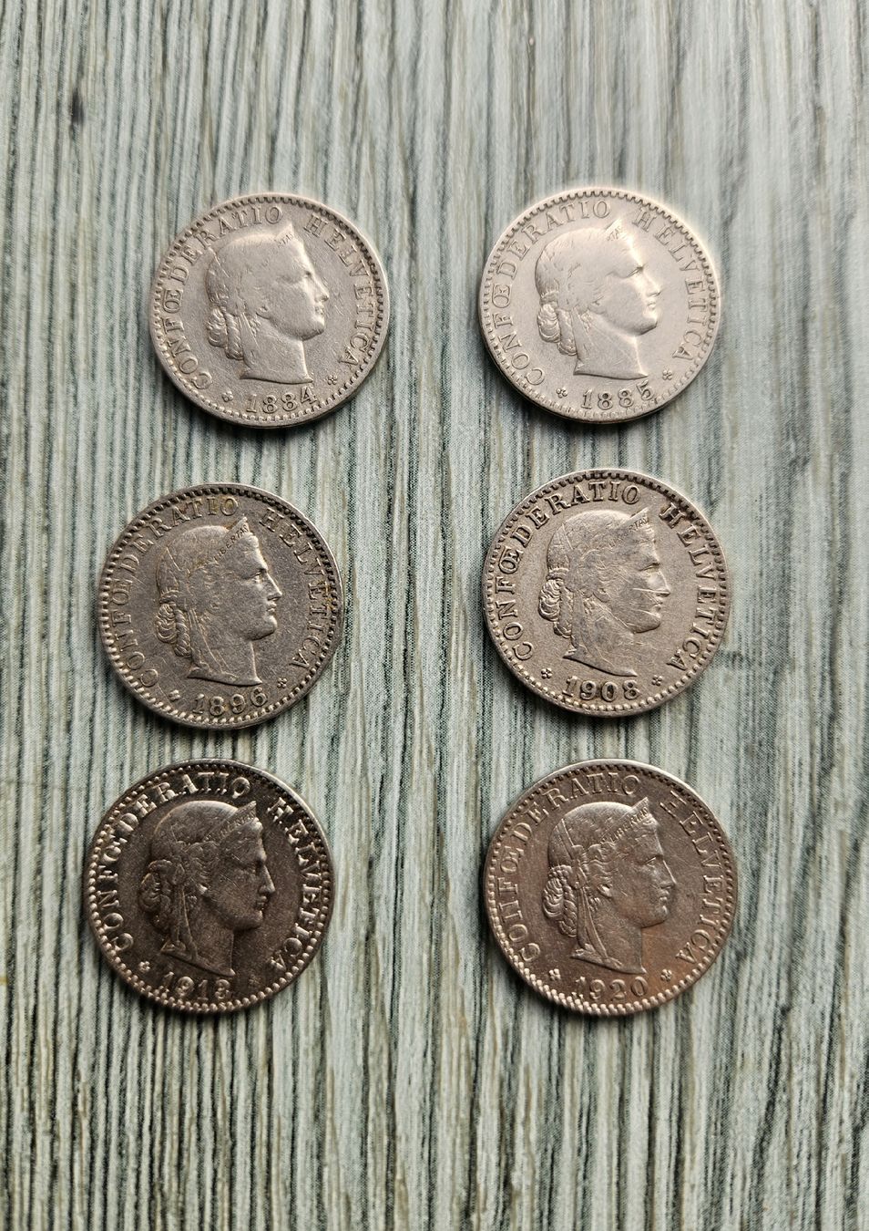 Tutti le monete: Lot de 6 pièces de 20 rappen 1884.1885.1896.1908.13.20 – Usato da Monthey venduto da pas_w5hf