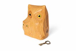 Holz Eule Spardose Sparschwein + Schlüssel SBG/UBS Logo 1990