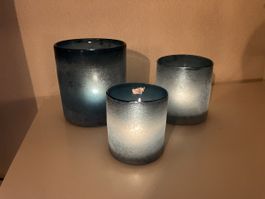 3er Set blaue Windlichter/Kerzengläser, Mundgeblasen (58)