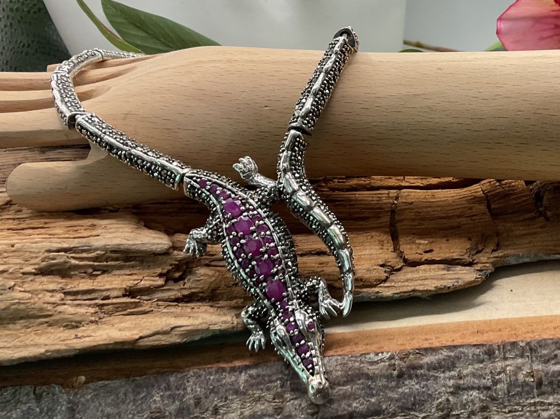 Ketten: Krokodil-Collier mit Rubinen , 925er Silber, Top! – Neu (gemäss Beschreibung) aus Luzern von S.Kern01 1