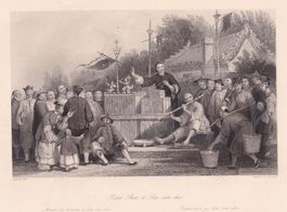 PUPPENSPIELER, PUPPE, QUERFLÖTE, CHINA, STAHLSTICH UM 1850