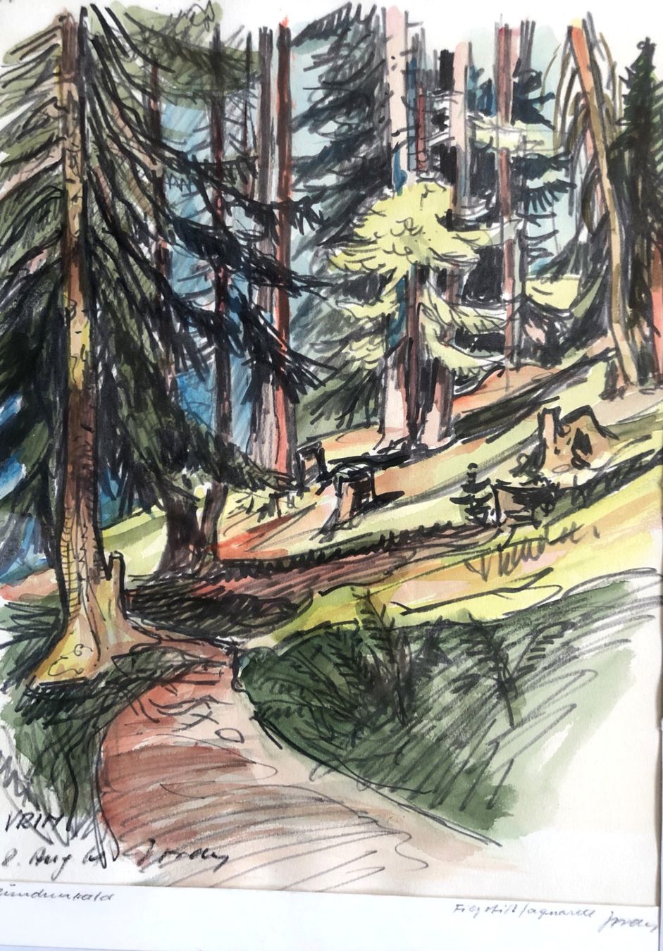 Dipinti: Gemälde - Aquarell + Filzstift - "Bündnerwald" – Usato da Schaffhausen venduto da durruti 1