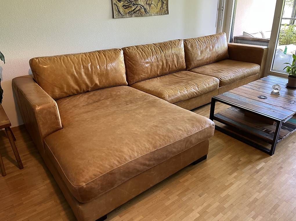 Maisons du monde Divani: Canapé d'angle en cuir clair – Usato da Carouge GE venduto da ANS1 3