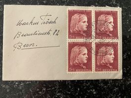 Briefmarken Pro Juventute 1953 Viererblock auf Mini-Couvert