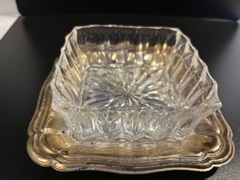 Elegante antike Glasschale mit Silberplättli, Vintage Stil.