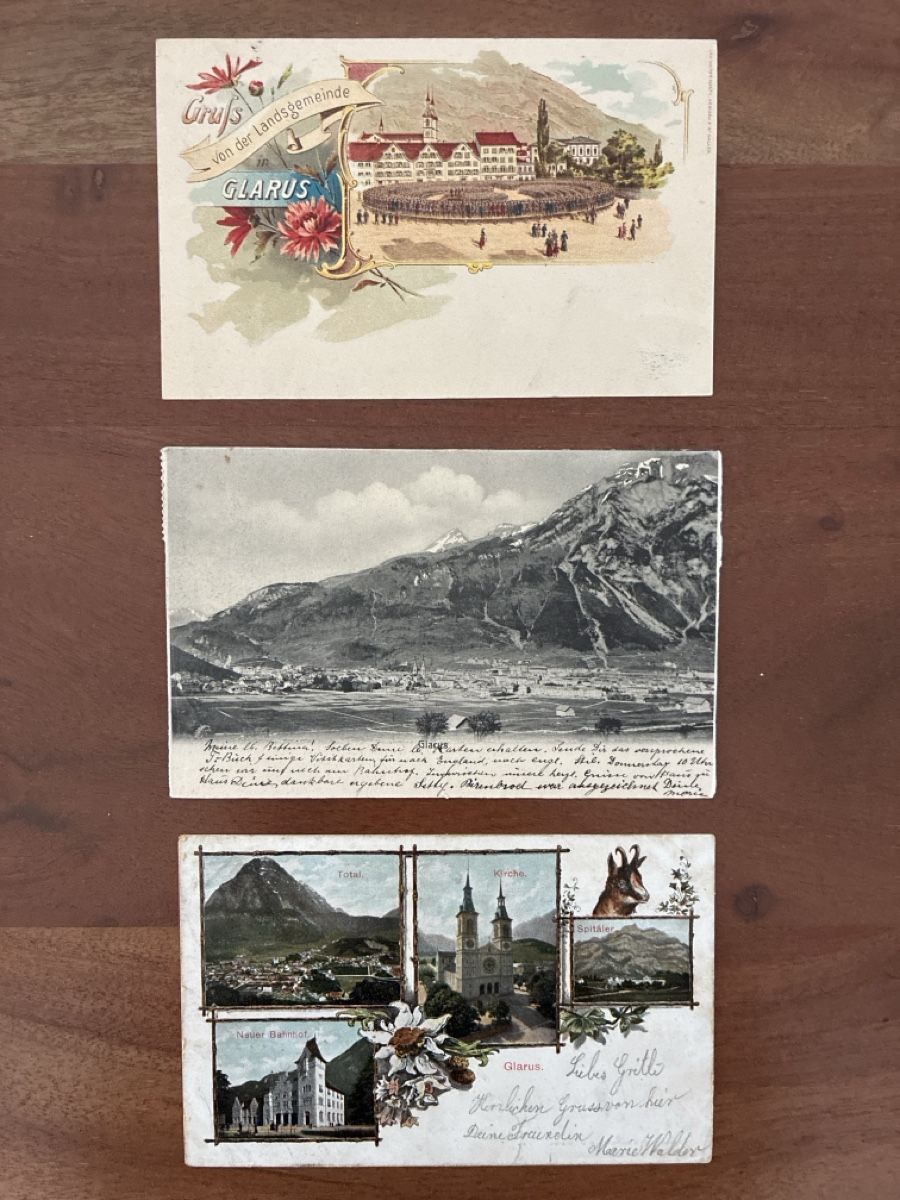 Cartoline postali: 3 Ansichtskarten Schweiz von Glarus GL – Usato da Oftringen venduto da Cla.vD.74