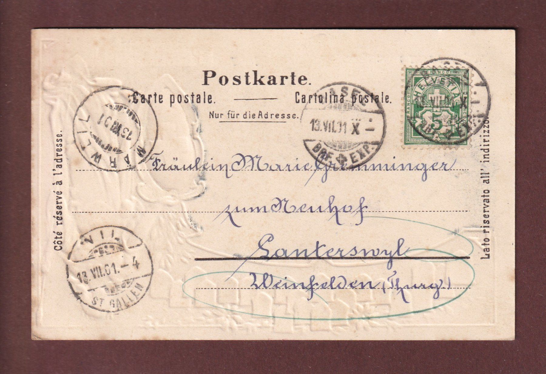 Cartoline postali: BASEL - Barfüsserplatz - Kantone - 1901 Präge – Usato da Pully venduto da nicecards 1