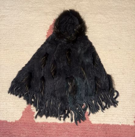 Black Genuine Fur Hooded Cape / Poncho with Fringe